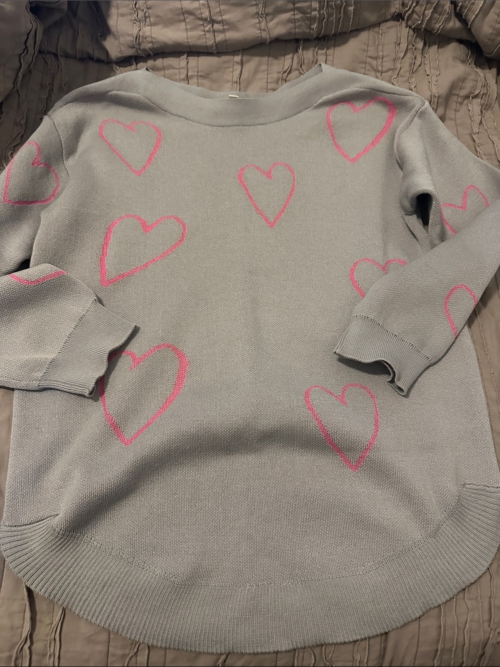 Gray Crewneck Sweater with Pink Heart Accents